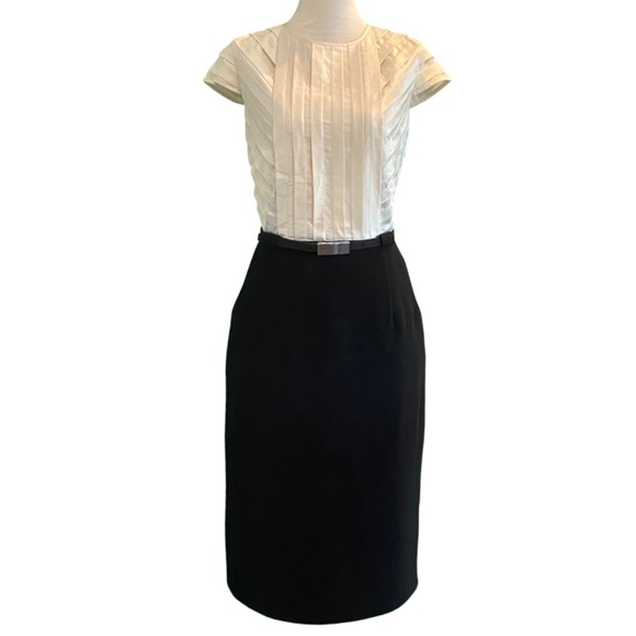 Calvin Klein Dresses & Skirts - Calvin Klein Cap Sleeve Ivory Pleated Bodice Black Skirt One Piece Dress Size 8